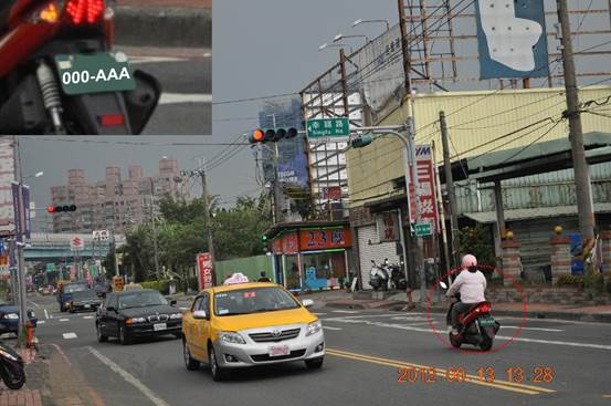 闖紅燈：屬於動態違規，應拍攝號誌、停止線、車牌號碼，及違規事實，並應有影片或至少2張以上之照片範例1